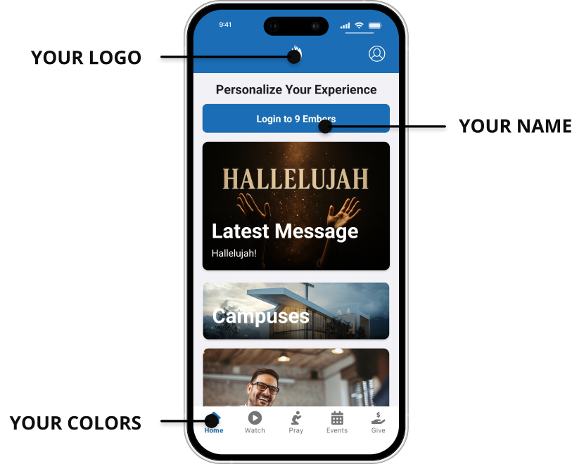 9 Embers builds  your Rock Mobile app with your logo, name, and colors.