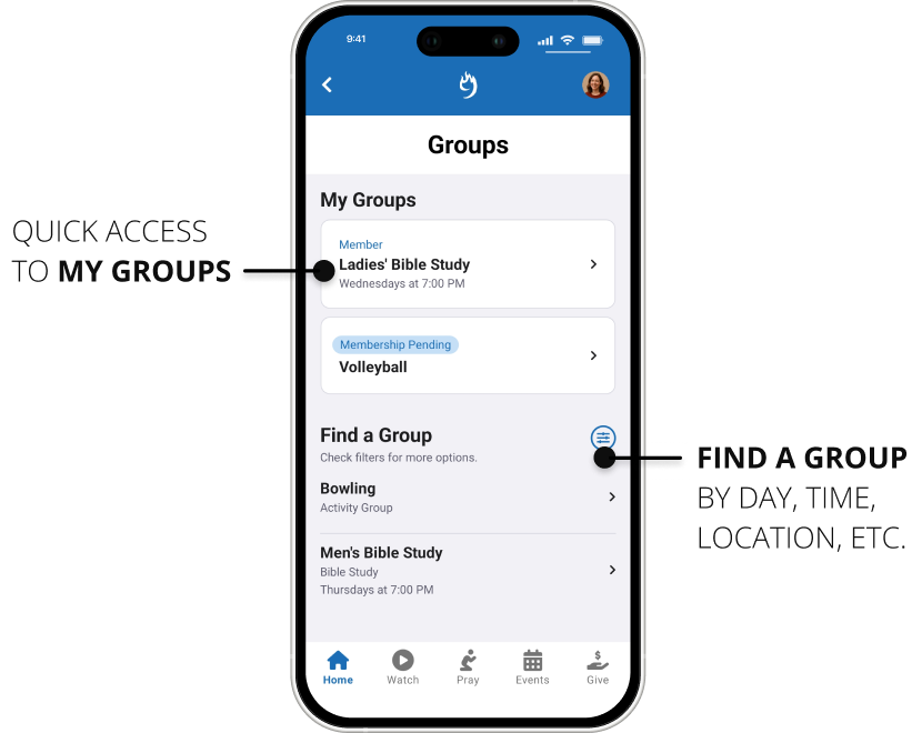 Create sustainable communities with My Groups and Group Finder in your Rock Mobile app.