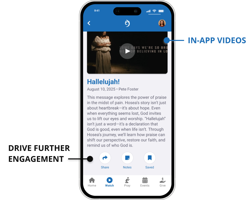 Watch message in the app and drive further engagement with share, notes, and save action buttons in the Compass Rock Mobile app.