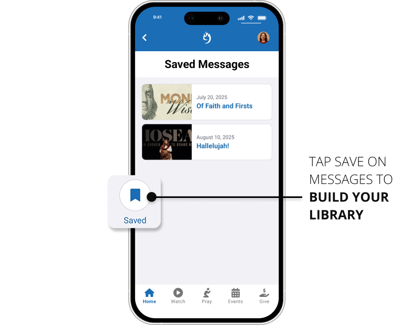 Compass Rock Mobile app built by 9 Embers includes Saved Messages library.
