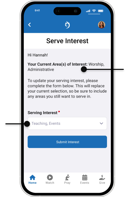 Recruit church volunteers through Rock Mobile serve interest feature built by 9 Embers.